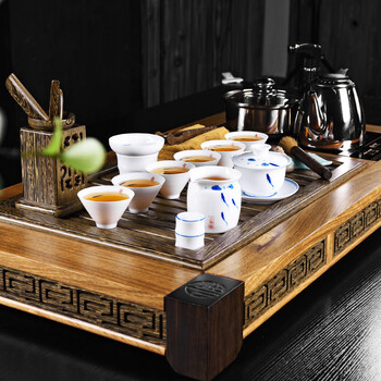 尚言坊整套陶瓷茶具 黑檀木鸡翅木实木茶盘 紫砂茶具套装四合一 鸡翅木五福四合一手绘三鱼图10入