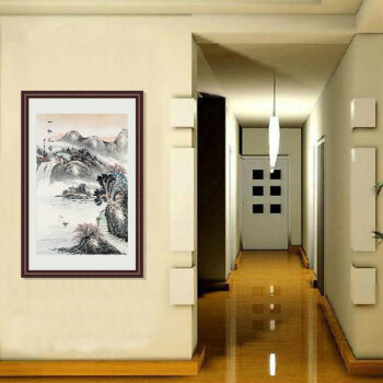 苏雅国画山水画客厅办公室玄关挂画一帆风顺 红褐色实木框配有机玻璃 65x95厘米