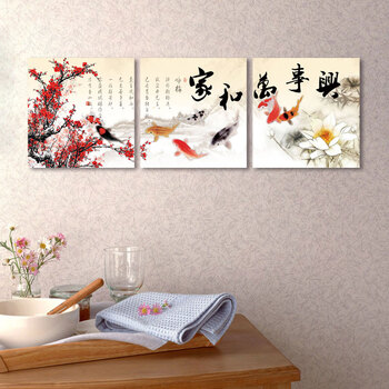 
                                        豆豆窝 中国风装饰画客厅卧室电视办公室背景画装饰无框画 现代时尚三联画 ZSH-007 TD-009鲤鱼家和万事兴 60*60cm  25mm                