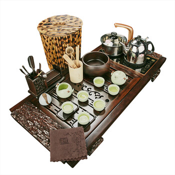 
                                        束氏 汝窑茶具套装 功夫茶具套装茶盘茶海茶具杯 茶具套装功夫茶 整套茶具 组合六 8头汝窑天青祥云黑檀大套组002783                