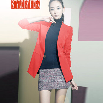 style by herz 2016夏季新款韩版气质显瘦长袖修身一粒扣女西服外套I2988 橘红色 L