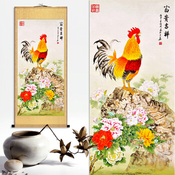 水木园生肖鸡画母鸡画丝绸礼品装饰画客厅卷轴风水画玄关挂画公鸡26