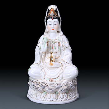 茗丰堂 德化陶瓷器风水/镇宅12寸白瓷坐莲观音菩萨观世音佛像摆件粉色描金供佛观音 12寸坐莲描金观音玉白款