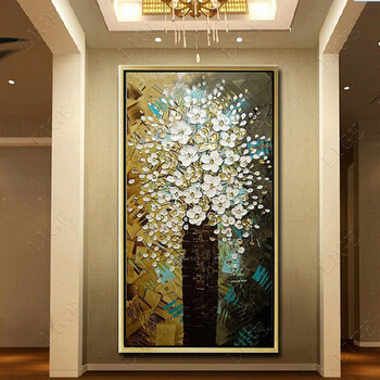 
                                        利格 玄关装饰画现代有框挂画竖版纯手绘油画欧式花卉立体画客厅壁画 发财树 现货 聚宝盆发财树+金色L框 含框100*190厘米                