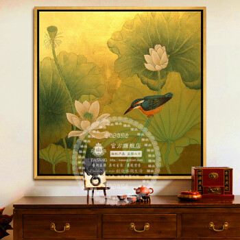 
                                        驿尚东南亚泰式油画手绘装饰画金箔画客厅玄关壁炉抽象画壁画挂画荷花荷叶画走廊喷绘画 黄色 90*90                