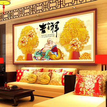 
                                        新款客厅钻石画方钻满钻吉祥如意弥勒佛发财树摇钱树玄关十字绣 横版组合180*75CM                