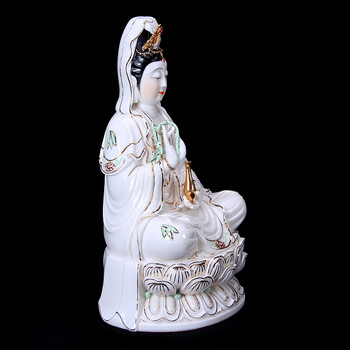 茗丰堂 德化陶瓷器风水/镇宅12寸白瓷坐莲观音菩萨观世音佛像摆件粉色描金供佛观音 12寸坐莲描金观音玉白款