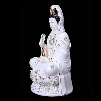 茗丰堂 德化陶瓷器风水/镇宅12寸白瓷坐莲观音菩萨观世音佛像摆件粉色描金供佛观音 12寸坐莲描金观音玉白款