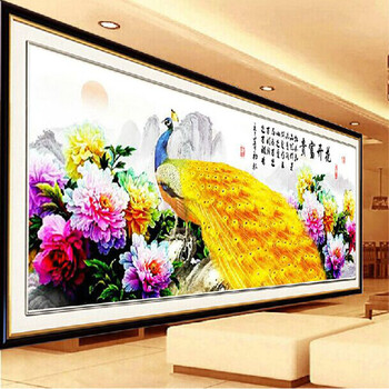 皇室珍品蒙娜丽莎十字绣新款客厅花开富贵十字绣牡丹花金孔雀系列大幅精准印花 满绣9CT棉线印花179*68cm