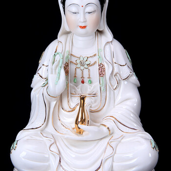 茗丰堂 德化陶瓷器风水/镇宅12寸白瓷坐莲观音菩萨观世音佛像摆件粉色描金供佛观音 12寸坐莲描金观音玉白款