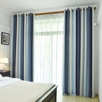 地中海风格窗帘儿童房男孩客厅卧室飘窗加厚蓝色条纹棉麻遮光布料