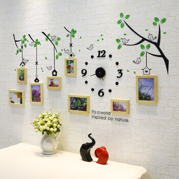 
                                        维佳 小鸟创意钟表相框墙 8框实木挂墙相片墙客厅儿童房楼梯照片墙 白色+唯美画芯 赠送小鸟墙贴+黑色钟表                