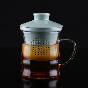 
                                        一园国际 办公茶杯 影青竹韵杯 陶瓷过滤耐热玻璃杯身杯身泡茶杯家用  礼盒包装 350ML                