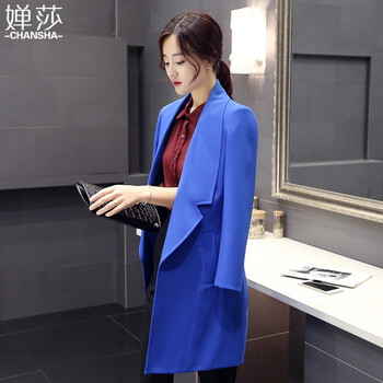 
                                        婵莎风衣中长款2016秋冬新款女装韩版大码小西装女外套女上衣 蓝色 L                