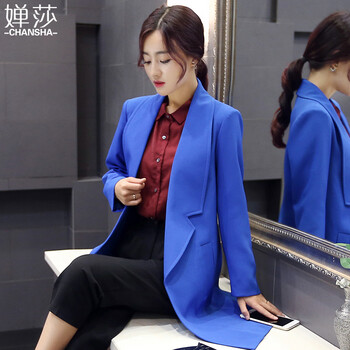 
                                        婵莎风衣中长款2016秋冬新款女装韩版大码小西装女外套女上衣 蓝色 L                