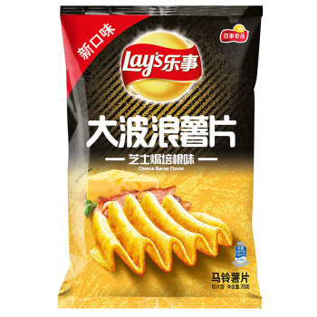 乐事(lay"s)休闲零食 大波浪薯片 芝士焗培根味 70克