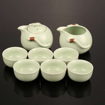 
                                        束氏 汝窑茶具套装 功夫茶具套装茶盘茶海茶具杯 茶具套装功夫茶 整套茶具 组合六 8头汝窑天青祥云黑檀大套组002783                