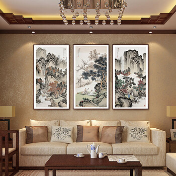 
                                        凝美 现代装饰画有框画中式风格壁画客厅沙发背景墙三联画玄关书房挂画 高山流水觅知音 三联套 25*50cm实木有框画35mm厚                