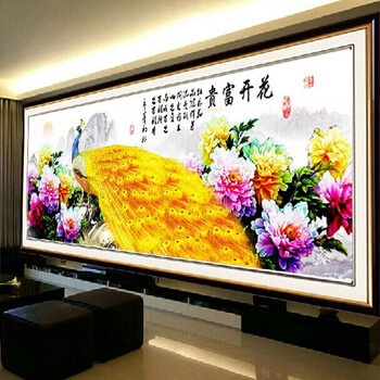 皇室珍品蒙娜丽莎十字绣新款客厅花开富贵十字绣牡丹花金孔雀系列大幅精准印花 满绣9CT棉线印花179*68cm