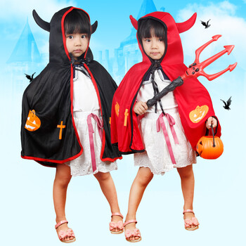 仕彩万圣节服装儿童表演服装cosplay恶魔牛角披风儿童演出服 紫色披风+恶魔叉+南瓜灯