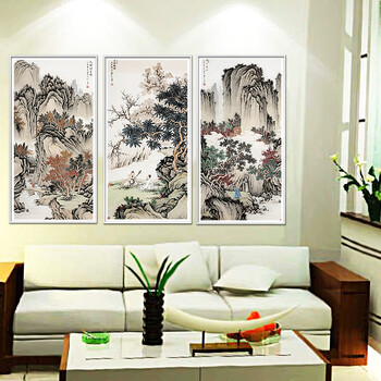 
                                        凝美 现代装饰画有框画中式风格壁画客厅沙发背景墙三联画玄关书房挂画 高山流水觅知音 三联套 25*50cm实木有框画35mm厚                