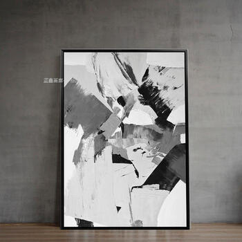 现代简约北欧黑白灰手绘油画巨幅超大幅玄关客厅抽象装饰画落地画sn
