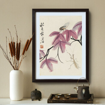 
                                        乐逸新中式客厅装饰画餐厅卧室挂画三联画沙发背景墙壁画花鸟国画 齐白石-F 40x50cm木色画框                