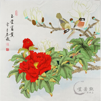 斗方工笔画国画牡丹玉兰《玉堂富贵 装饰画 字画1784ayj