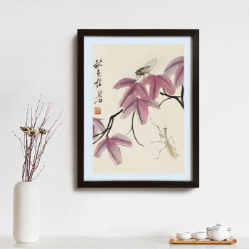 
                                        乐逸新中式客厅装饰画餐厅卧室挂画三联画沙发背景墙壁画花鸟国画 齐白石-F 40x50cm木色画框                