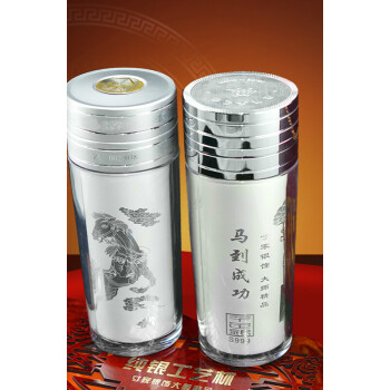 养生手工银杯保温杯子999纯银杯茶杯离子内胆水杯银杯雪花银 花开富贵