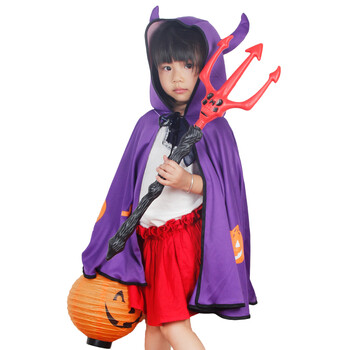仕彩万圣节服装儿童表演服装cosplay恶魔牛角披风儿童演出服 紫色披风+恶魔叉+南瓜灯
