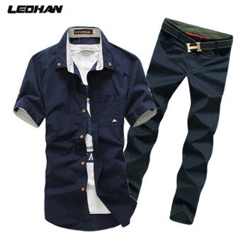 LeoHan 2014夏装新款男装短袖衬衫 休闲裤2件
