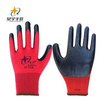 星宇XINGYU劳保手套N528 红丁晴涂胶耐磨防滑耐酸碱机械防油防水薄款透气防护手套企业专享 红丁黑*10包 M码