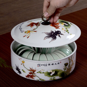 
                                        青花瓷陶瓷茶洗带盖大号茶碗笔洗普洱茶饼茶叶罐功夫茶具茶道配件YP 白瓷金玉满堂                