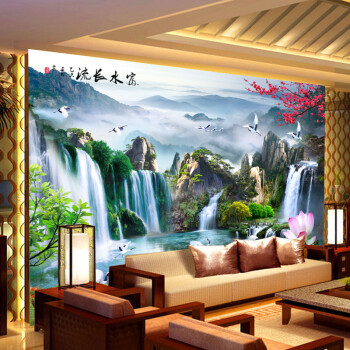 豪咖布面墙纸整张壁画客厅电视墙3d5d立体中式山水画富水长流荷花仙鹤
