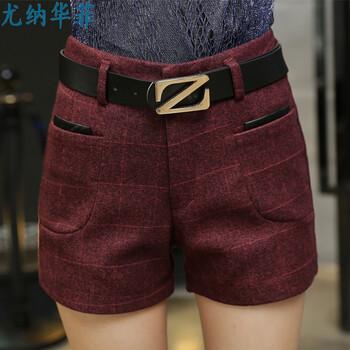 尤纳华菲 毛呢<em>短裤女秋冬2015</em>秋装新款格子皮