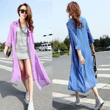 檰2014夏季新款欧美翻领<em>中长防晒</em>服<em>开衫外套</em>