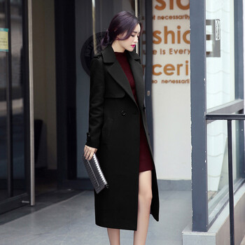 广服 2015秋冬季新款毛呢大衣女中长款韩版毛呢外套女中长款加棉加厚显瘦修身呢大衣女冬82 黑色(加棉) M