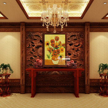 驿尚品牌纯手绘油画 高档餐厅客厅装饰画 欧式有框画梵高《向日葵》 博物馆高品质油画 60*70cm