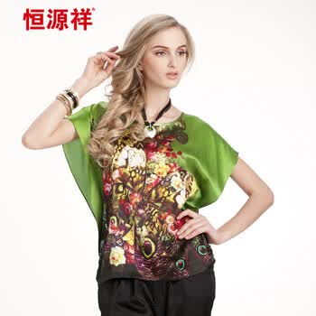 恒源祥新款夏装短袖真丝<em>女衫</em> <em>桑蚕丝</em>圆领印花