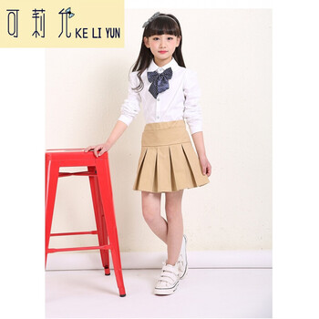 女童短裙黑色半身裙小学生校服格子百褶裙女孩棉演出套装大 套装:长袖