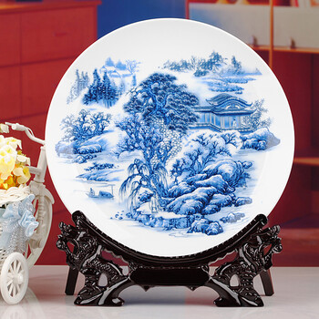 景德镇陶瓷器 清明上河图挂盘高档现代时尚居家精致摆设 家居摆设装饰品 摆件装饰盘 工艺品 青花钓鱼图