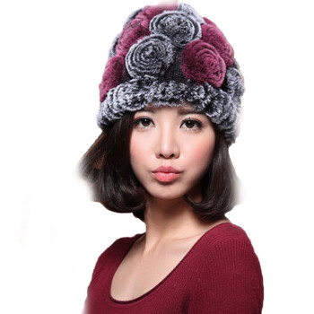 秋冬季毛编织帽子保暖妈妈中老年帽子 深紫灰斜花小花