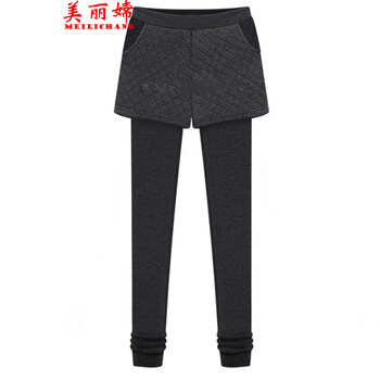 美丽嫦2015秋冬新款欧美大码胖mm显瘦假两件修身保暖长裤加绒裤 黑色 5XL