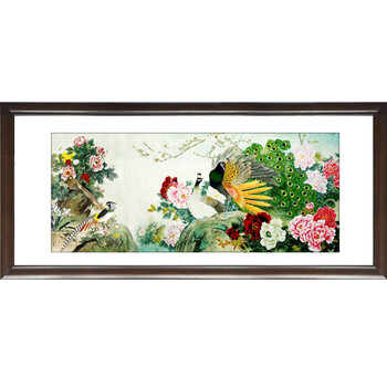 装饰画客厅现代沙发背景墙壁挂画字画书法有框大厅大幅实木框中国孔雀开屏 60*120cm/幅