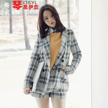 琴思伊恋 秋冬韩版个性长袖宽松直筒格子西服套装+外套两件套 图片色 S
