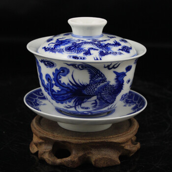 
                                        淘瓷缘景德镇瓷器茶具盖碗三才手工杯陶瓷茶碗茶杯手绘青花瓷茶器盖杯 龙凤                