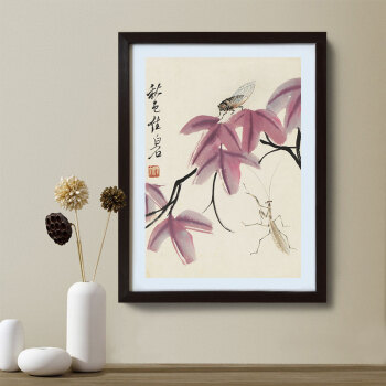 
                                        乐逸新中式客厅装饰画餐厅卧室挂画三联画沙发背景墙壁画花鸟国画 齐白石-F 40x50cm木色画框                