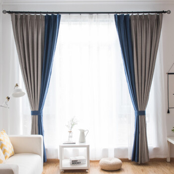 北欧风格ins拼色拼接半遮光棉麻客厅简约现代卧室飘窗帘成品 深蓝
