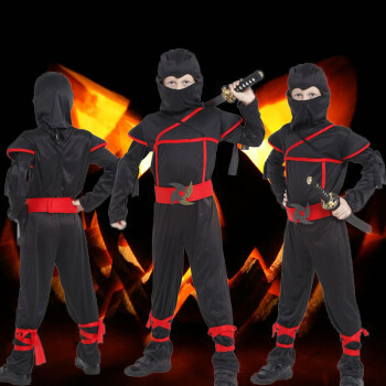 志动 万圣节儿童服装男 隐身忍者 夜行衣忍者刺客 日本黑色武士服饰 忍者服 忍者武士L(130-140)
